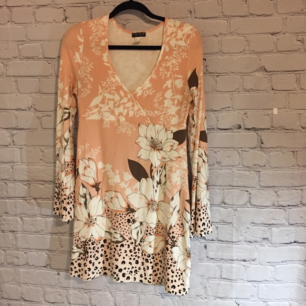 Venus peach knit faux wrap floral dress Sz M